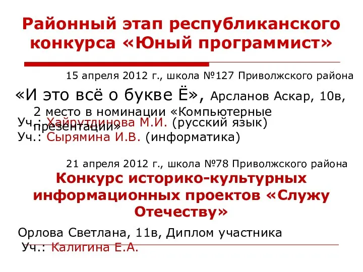 Районный этап республиканского конкурса «Юный программист» Уч.: Хайрутдинова М.И. (русский язык) Уч.: Сырямина