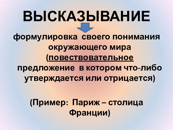 ВЫСКАЗЫВАНИЕ формулировка своего понимания окружающего мира (повествовательное предложение в котором что-либо утверждается или