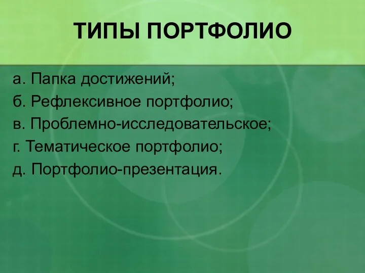 ТИПЫ ПОРТФОЛИО а. Папка достижений; б. Рефлексивное портфолио; в. Проблемно-исследовательское; г. Тематическое портфолио; д. Портфолио-презентация.