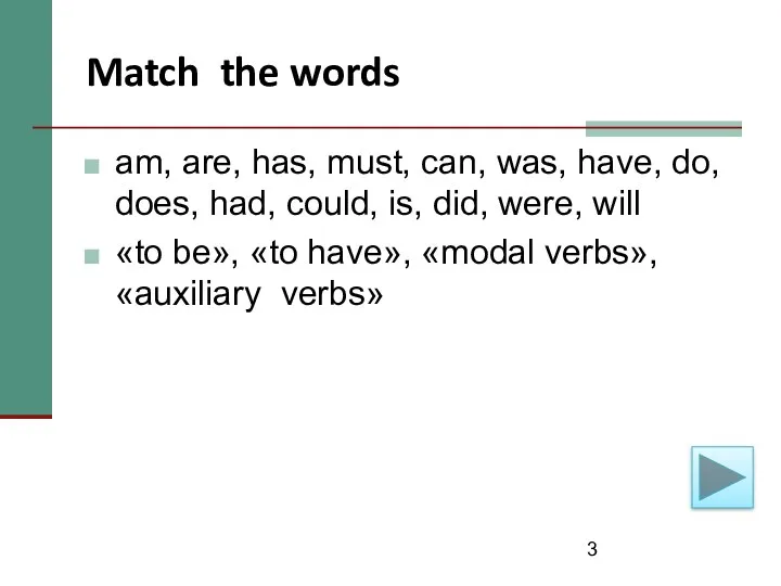 Match the words am, are, has, must, can, was, have,