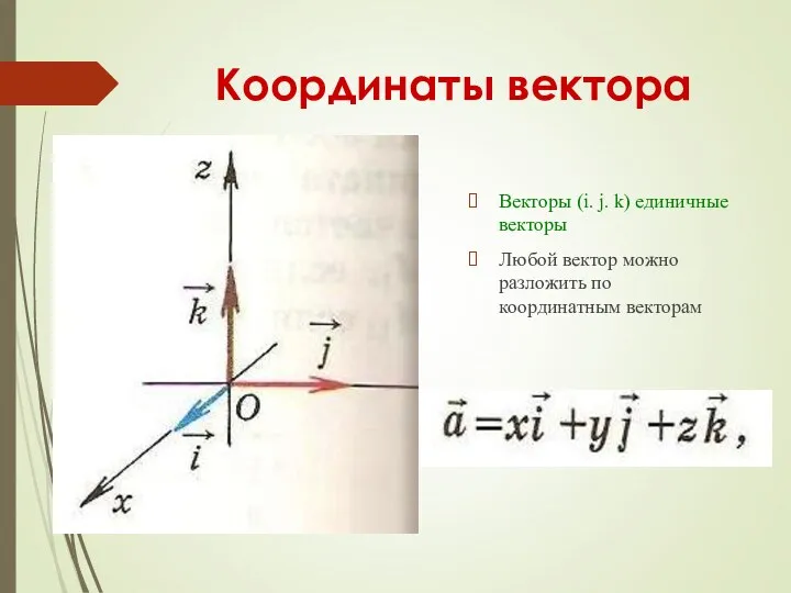 Координаты вектора Векторы (i. j. k) единичные векторы Любой вектор можно разложить по координатным векторам