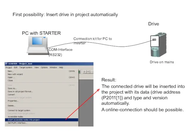 First possibility: Insert drive in project automatically Result: The connected