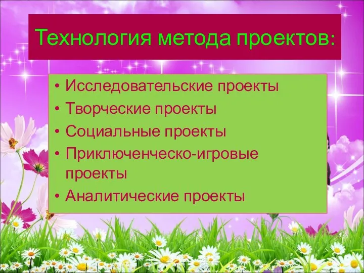 Технология метода проектов: Исследовательские проекты Творческие проекты Социальные проекты Приключенческо-игровые проекты Аналитические проекты