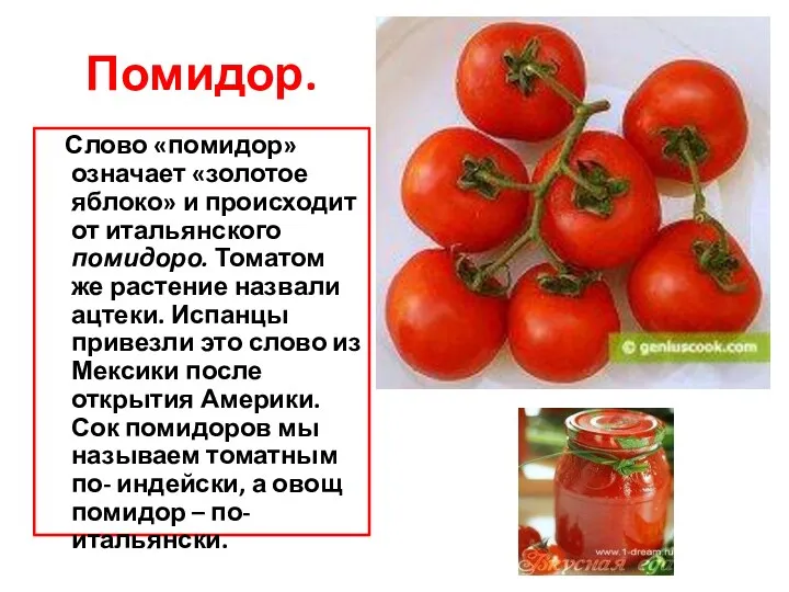 Помидор. Слово «помидор» означает «золотое яблоко» и происходит от итальянского помидоро. Томатом же