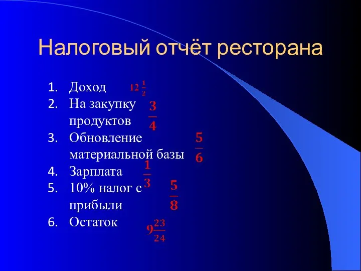 Налоговый отчёт ресторана Доход На закупку продуктов Обновление материальной базы Зарплата 10% налог с прибыли Остаток