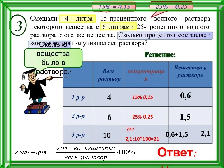 Смешали 4 литра 15-процентного водного раствора некоторого вещества с 6