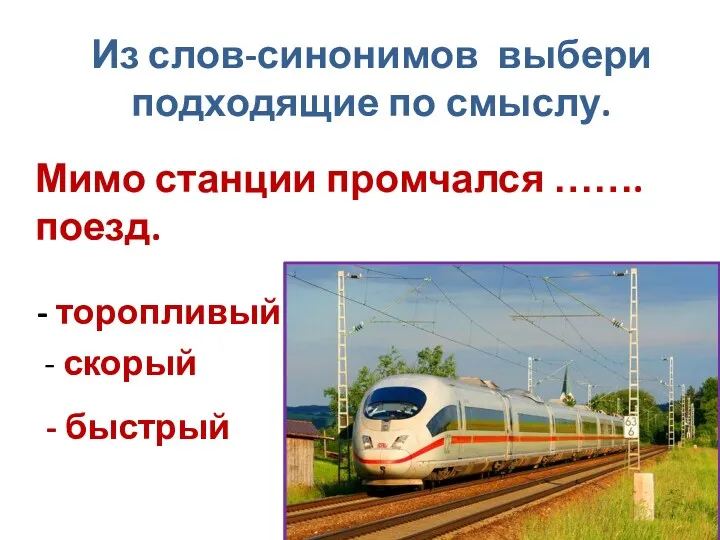 Из слов-синонимов выбери подходящие по смыслу. Мимо станции промчался …….поезд. - скорый - торопливый - быстрый