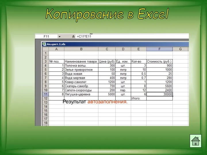 Копирование в Excel Результат автозаполнения.