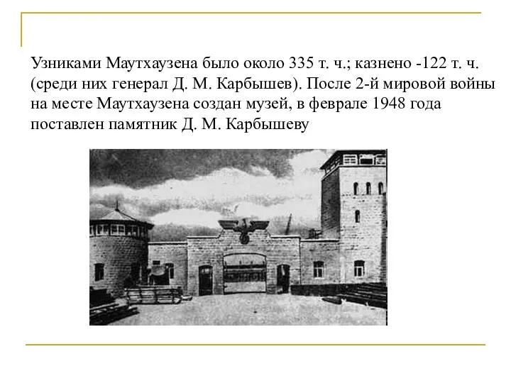 Узниками Маутхаузена было около 335 т. ч.; казнено -122 т. ч. (среди них
