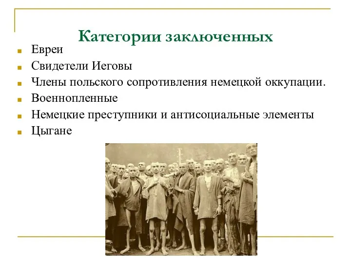 Категории заключенных Евреи Свидетели Иеговы Члены польского сопротивления немецкой оккупации. Военнопленные Немецкие преступники