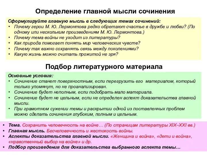 Определение главной мысли сочинения Сформулируйте главную мысль в следующих темах