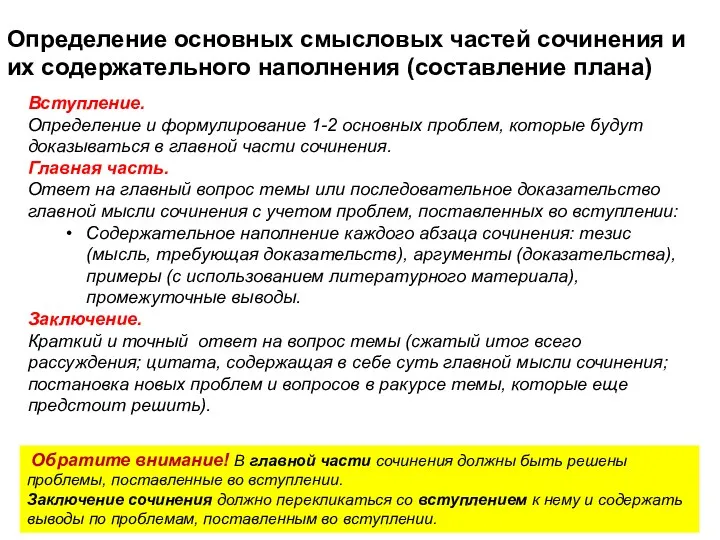 Определение основных смысловых частей сочинения и их содержательного наполнения (составление плана) Вступление. Определение