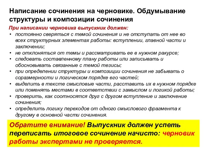 Написание сочинения на черновике. Обдумывание структуры и композиции сочинения При