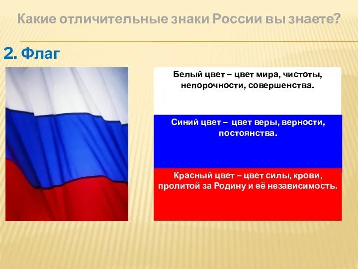 Какие отличительные знаки России вы знаете? 2. Флаг Белый цвет – цвет мира,