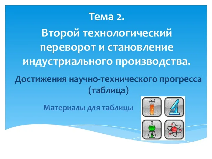 Достижения научно-технического прогресса (таблица) Материалы для таблицы Тема 2. Второй технологический переворот и становление индустриального производства.