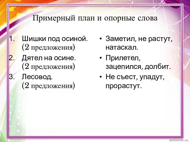 Примерный план и опорные слова Шишки под осиной. (2 предложения)