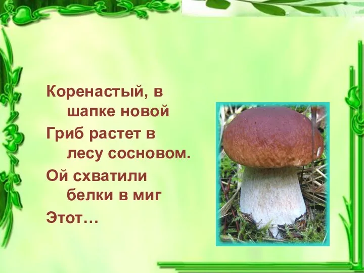 Коренастый, в шапке новой Гриб растет в лесу сосновом. Ой схватили белки в миг Этот…