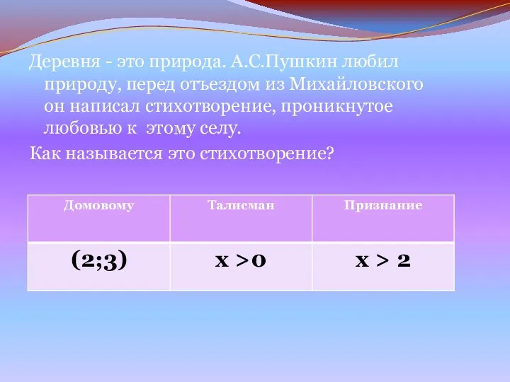 Деревня - это природа. А.С.Пушкин любил природу, перед отъездом из Михайловского он написал