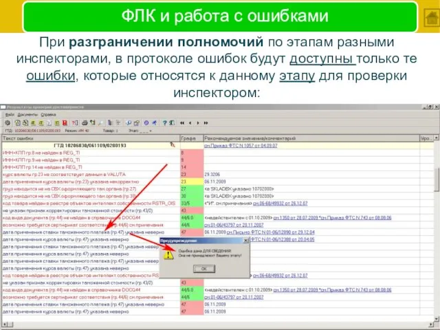 ФЛК и работа с ошибками При разграничении полномочий по этапам