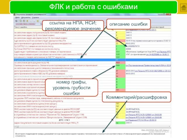 ФЛК и работа с ошибками описание ошибки Комментарий/расшифровка номер графы,