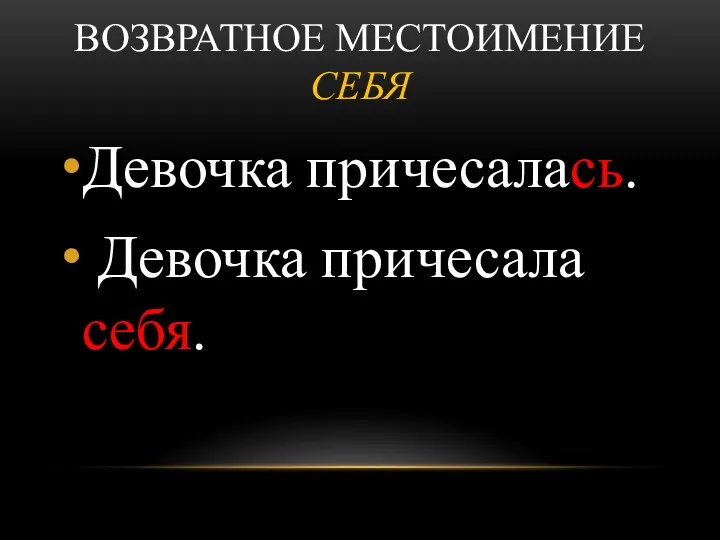 Возвратное местоимение себя Девочка причесалась. Девочка причесала себя.