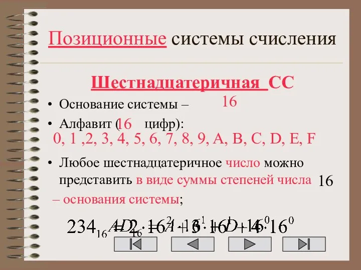 Позиционные системы счисления Шестнадцатеричная СС Основание системы – Алфавит (
