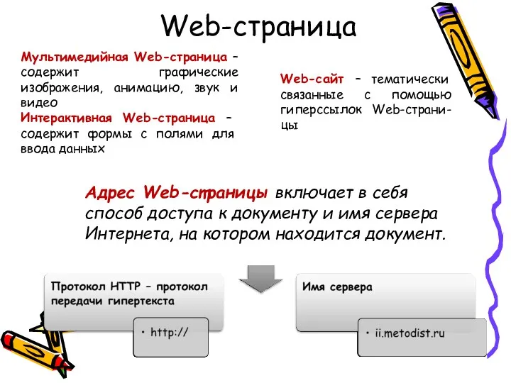 Web-страница Мультимедийная Web-страница – содержит графические изображения, анимацию, звук и