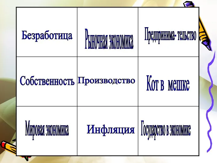 Безработица Рыночная экономика Предпринима- тельство Собственность Производство Мировая экономика Инфляция Кот в мешке Государство в экономике