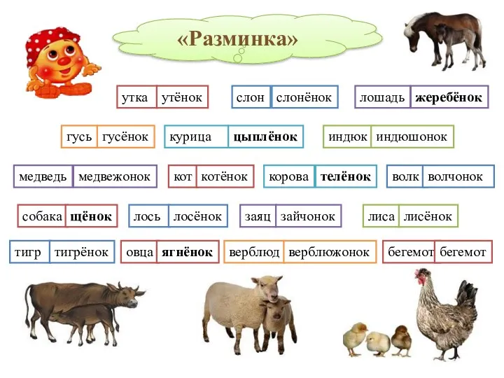 «Разминка» утка утёнок слон слонёнок лошадь жеребёнок гусь гусёнок индюк