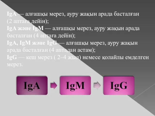 IgA — алғашқы мерез, ауру жақын арада басталған (2 аптаға дейін); IgA және