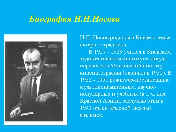Биография Н.Н.Носова Н.Н. Носов родился в Киеве в семье актёра-эстрадника.