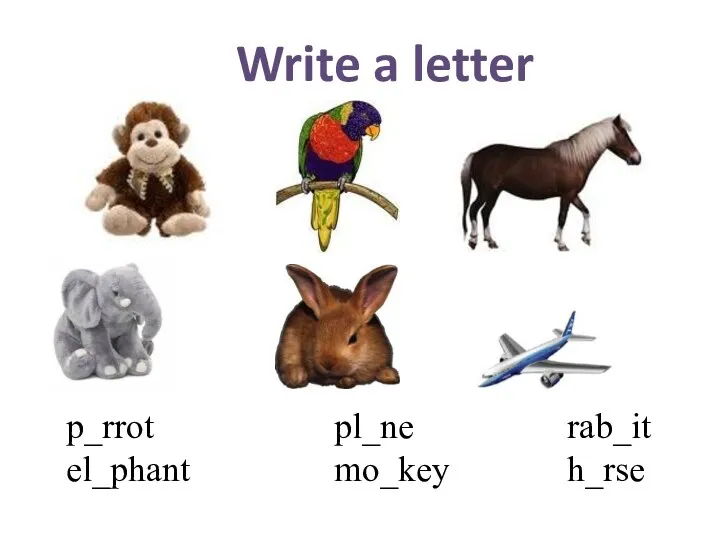 p_rrot pl_ne rab_it el_phant mo_key h_rse Write a letter