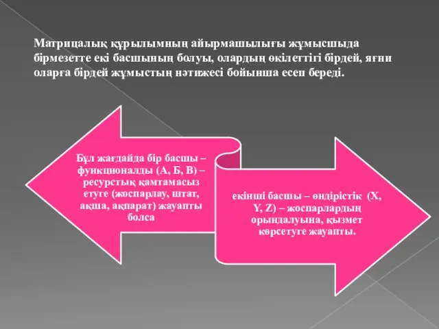 Матрицалық құрылымның айырмашылығы жұмысшыда бірмезетте екі басшының болуы, олардың өкілеттігі