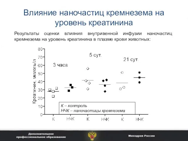 Влияние наночастиц кремнезема на уровень креатинина Результаты оценки влияния внутривенной