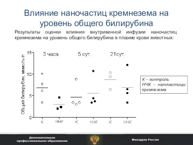 Влияние наночастиц кремнезема на уровень общего билирубина Результаты оценки влияния