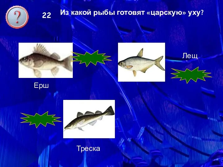 22 Из какой рыбы готовят «царскую» уху? Ерш Лещ Треска неверно верно неверно