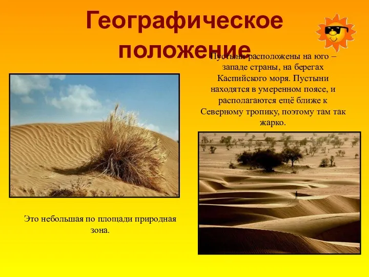Географическое положение Пустыни расположены на юго – западе страны, на берегах Каспийского моря.