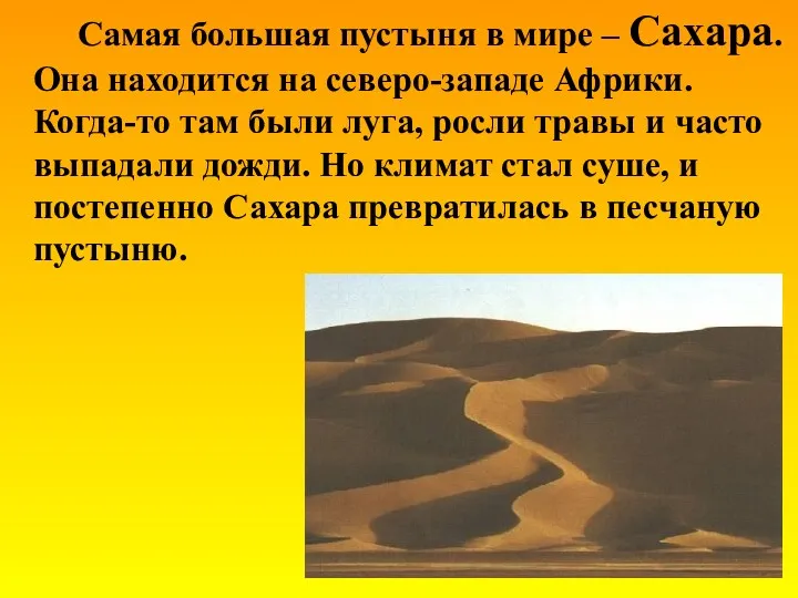 Самая большая пустыня в мире – Сахара. Она находится на