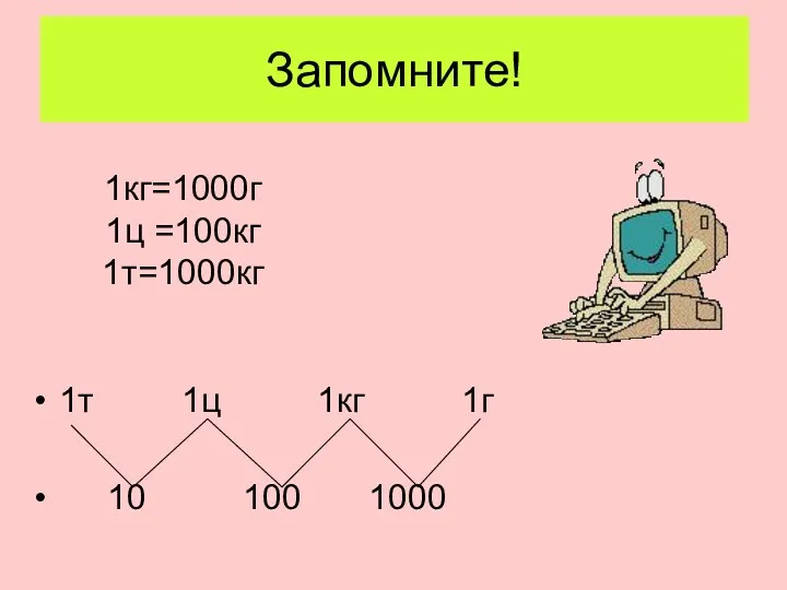 Запомните! 1т 1ц 1кг 1г 10 100 1000 1кг=1000г 1ц =100кг 1т=1000кг