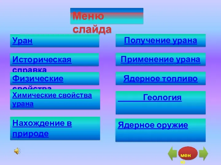 Меню слайда Уран Историческая справка Физические свойства Химические свойства урана