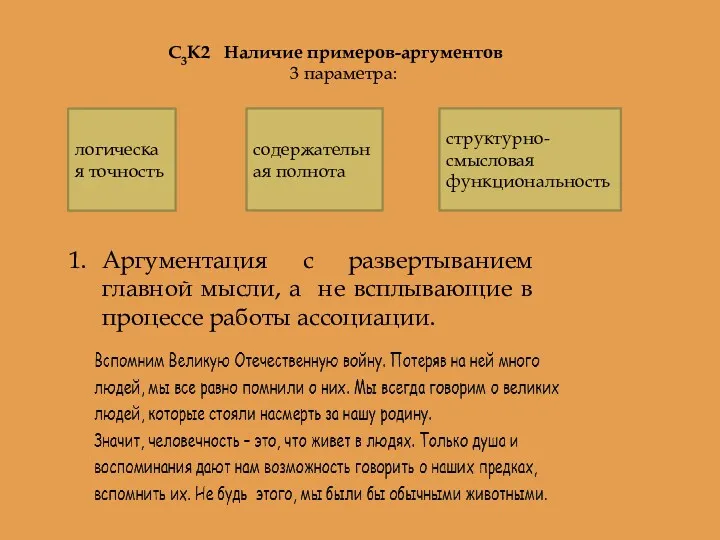 С3К2 Наличие примеров-аргументов 3 параметра: логическая точность содержательная полнота структурно-смысловая