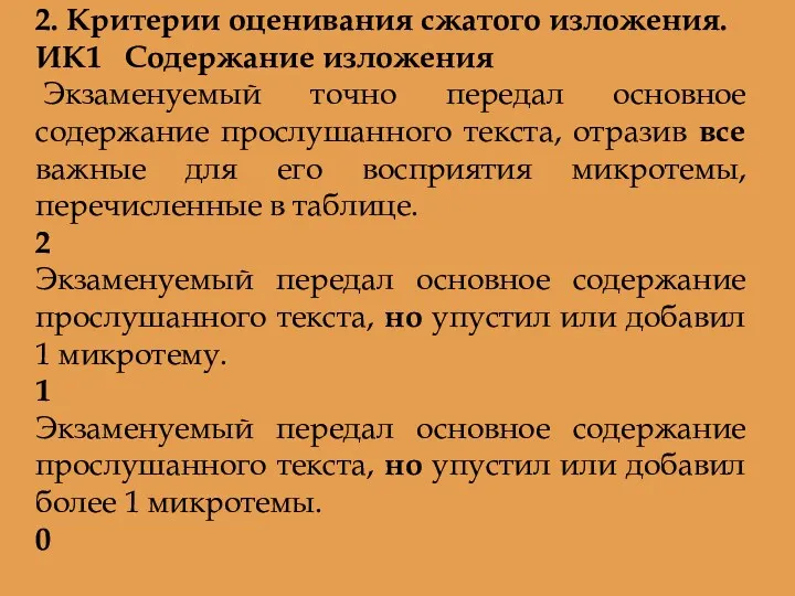 2. Критерии оценивания сжатого изложения. ИК1 Содержание изложения Экзаменуемый точно передал основное содержание