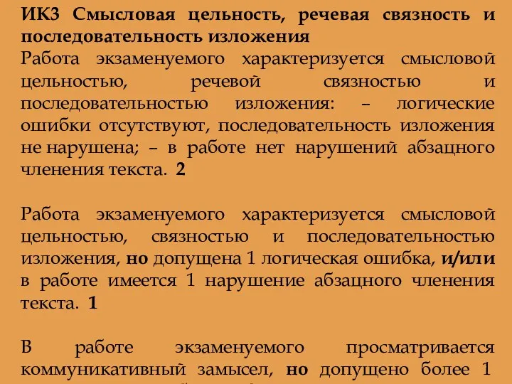 ИК3 Смысловая цельность, речевая связность и последовательность изложения Работа экзаменуемого характеризуется смысловой цельностью,