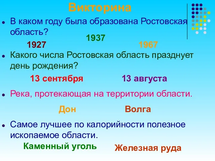 Викторина В каком году была образована Ростовская область? 1927 1937
