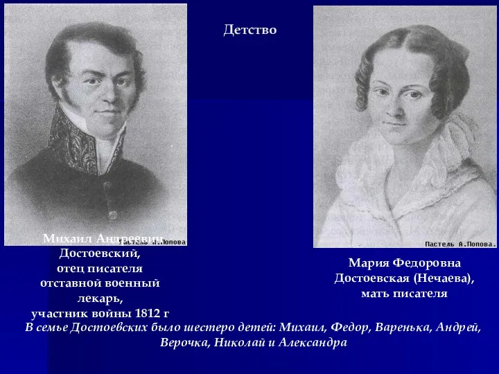 Детство Михаил Андреевич Достоевский, отец писателя отставной военный лекарь, участник войны 1812 г
