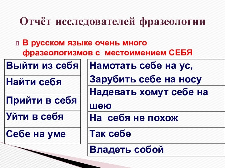 В русском языке очень много фразеологизмов с местоимением СЕБЯ Отчёт исследователей фразеологии