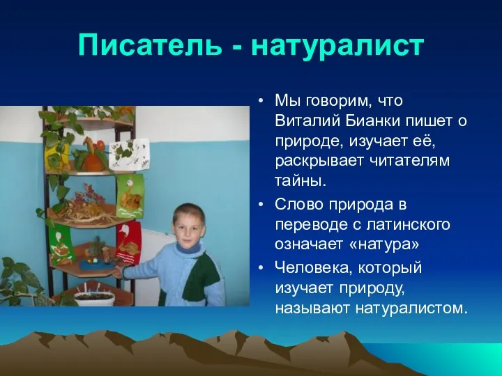 Писатель - натуралист Мы говорим, что Виталий Бианки пишет о природе, изучает её,