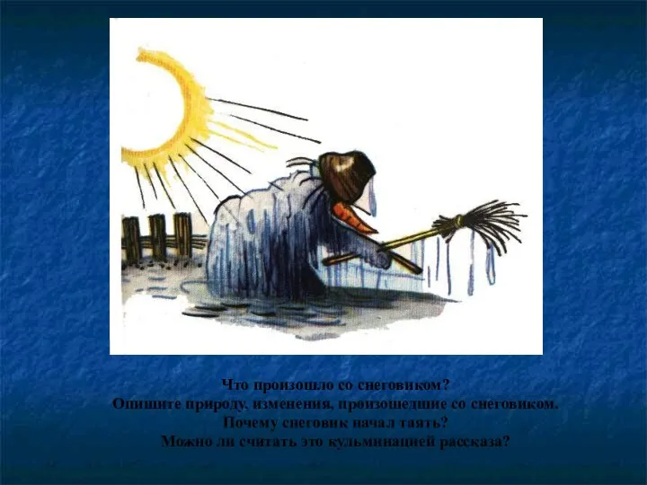 Что произошло со снеговиком? Опишите природу, изменения, произошедшие со снеговиком.