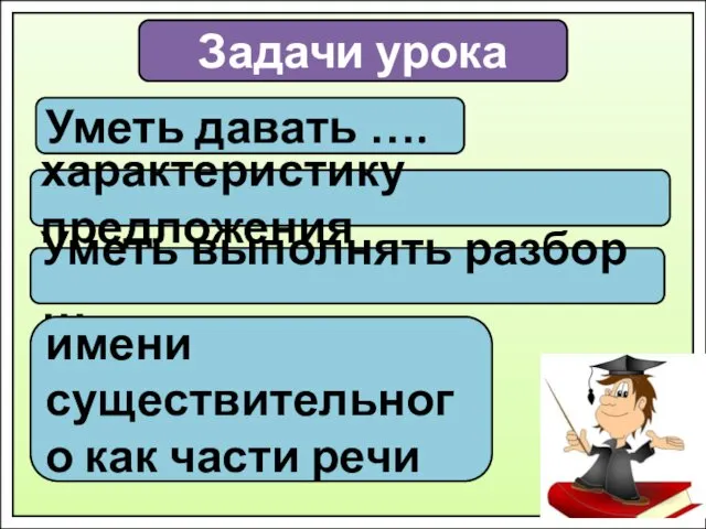 Задачи урока Уметь давать …. характеристику предложения Уметь выполнять разбор … имени существительного как части речи