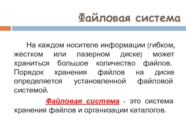 Файловая система На каждом носителе информации (гибком, жестком или лазерном диске) может храниться